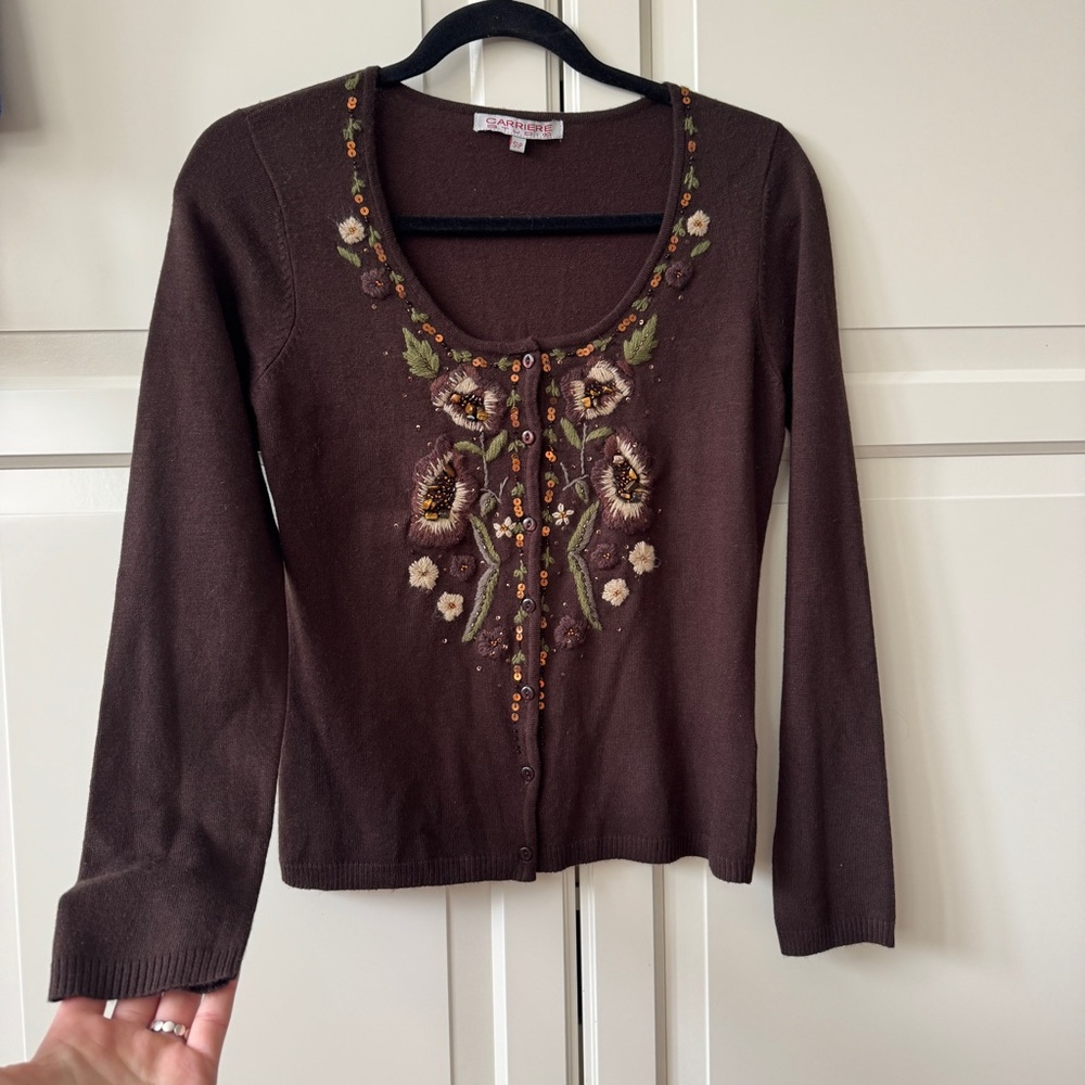 Vintage Y2K Brown Floral Embroidered Beaded Cardigan - Size Small